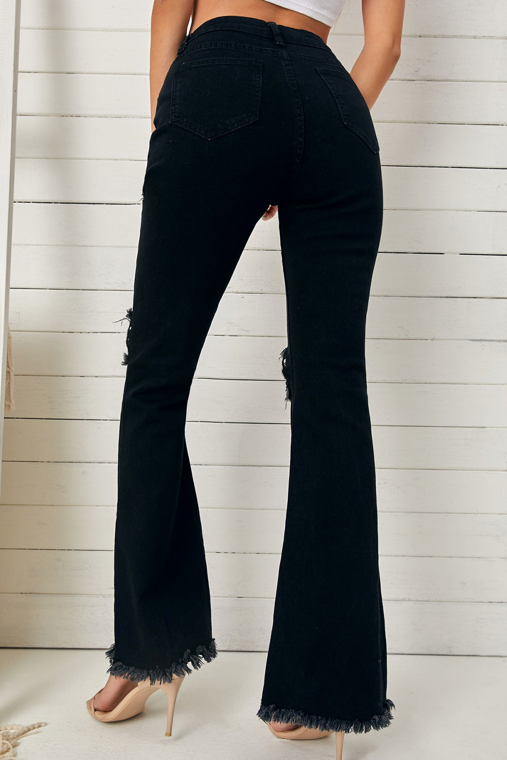 Black High Waist Ripped Bell Bottom Jeans