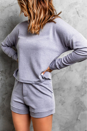 Grey Ribbed Knit Drop-Shoulder Sleeve Top and Shorts Lounge Set