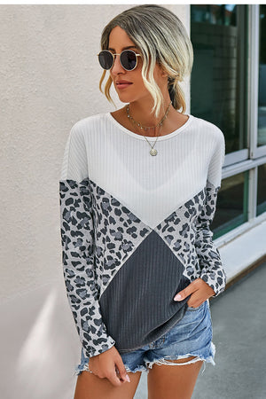 Gray Leopard Colorblock Ribbed Long Sleeve Top