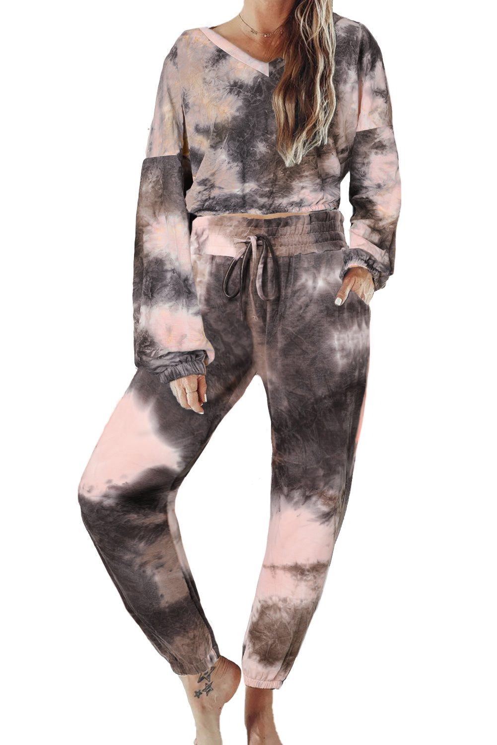 Black Tie-dye Crop Long Sleeve and Joggers Set