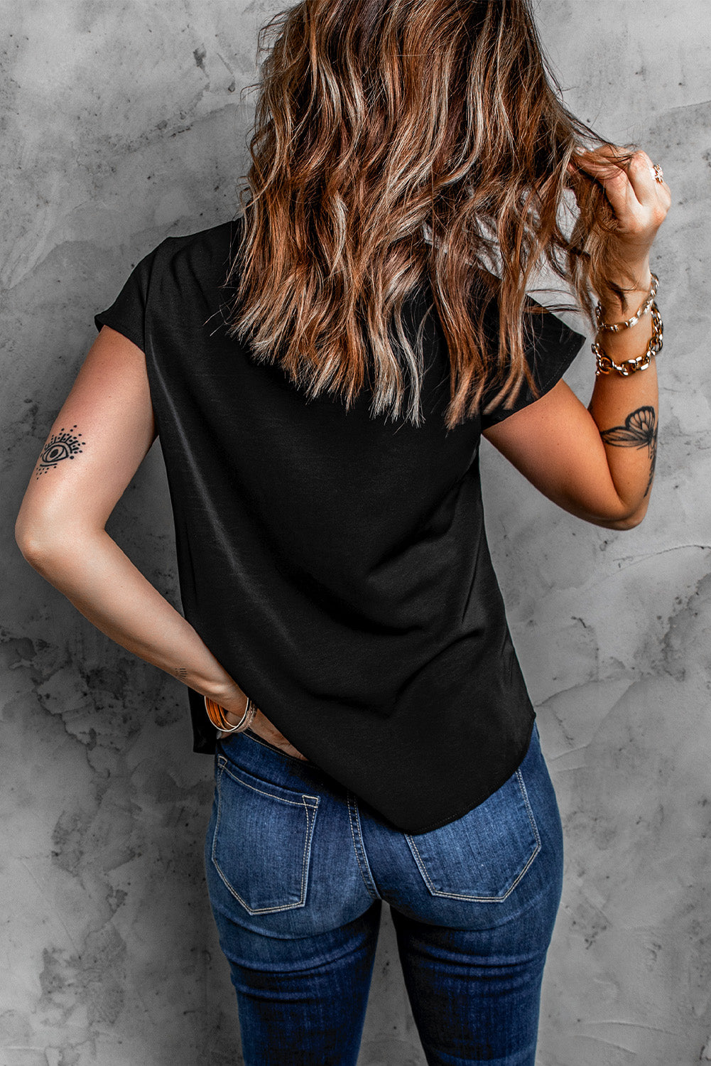 Black V Neck Lace Trim T-shirt