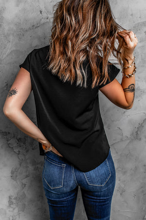 Black V Neck Lace Trim T-shirt