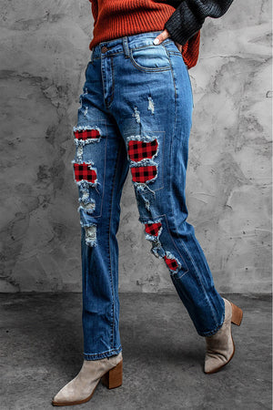 Buffalo Plaid Patches Ripped Straight Jeans