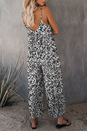 Leopard Palm Leaves Print Spaghetti Strap Wide Leg jumpsuit