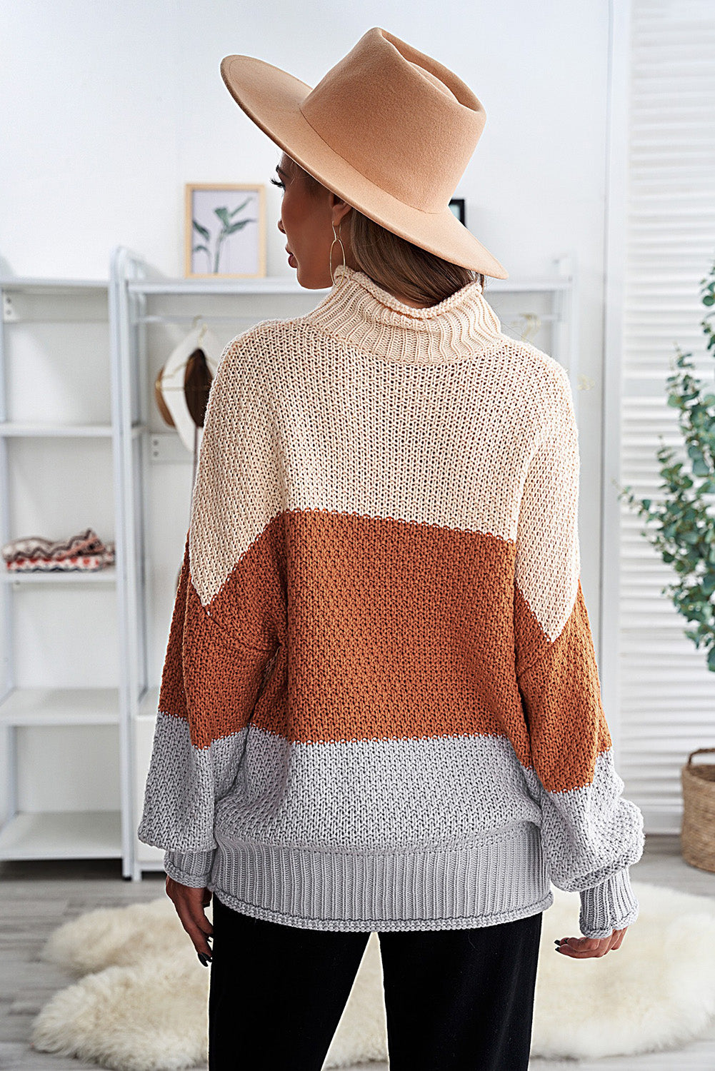 Brown Oversized Chunky Batwing Long Sleeve Turtleneck Sweater