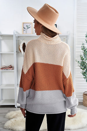 Brown Oversized Chunky Batwing Long Sleeve Turtleneck Sweater