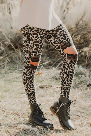 Floral Hollow Out Brown Leopard Printed Skinny Leggings