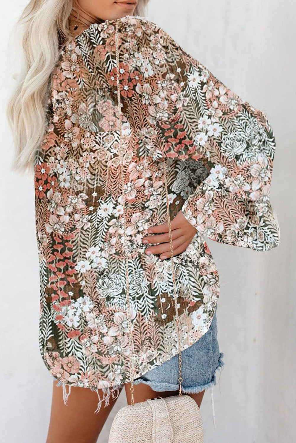 Floral Print Drawstring Long Bell Sleeve Blouse